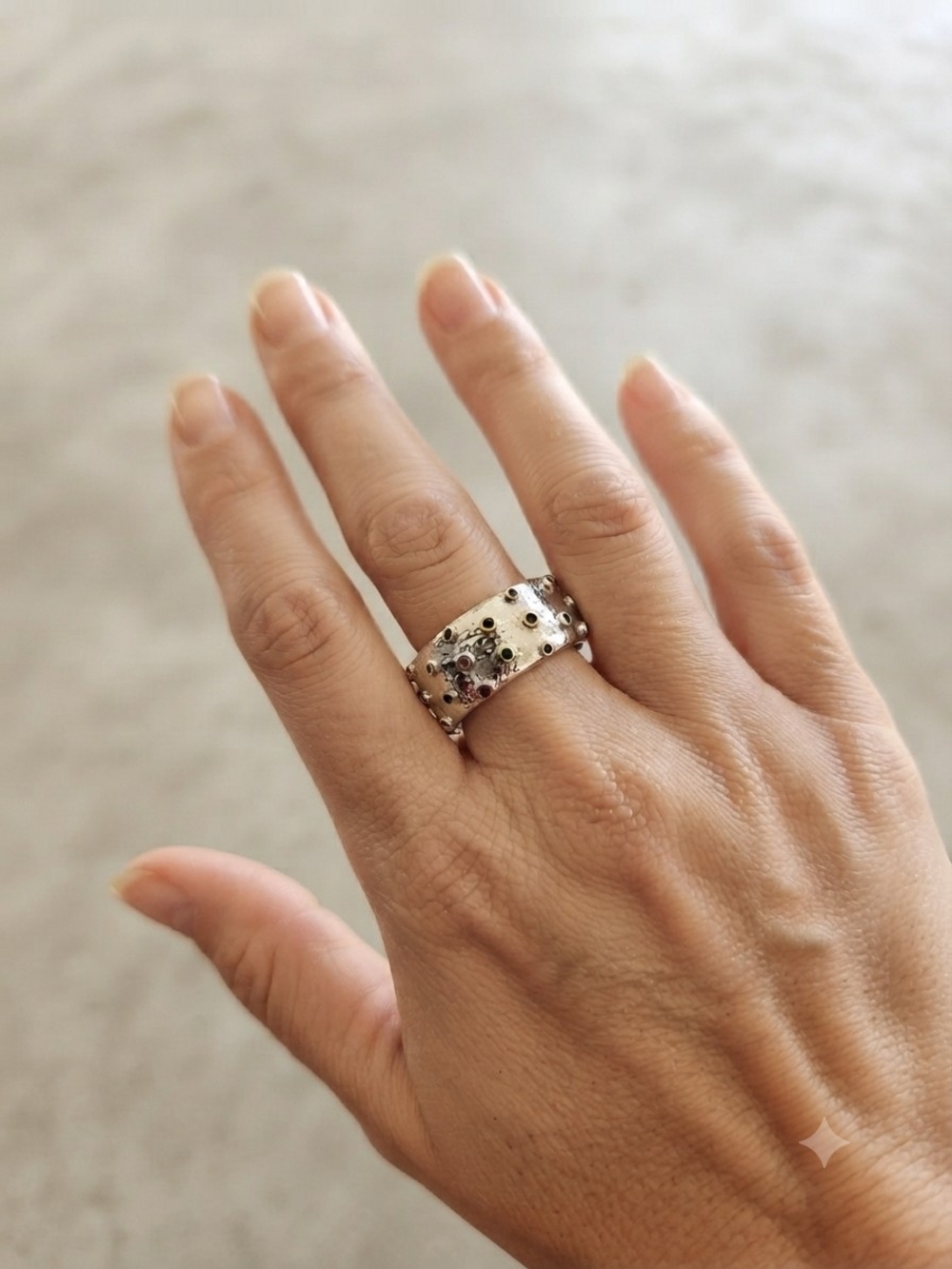 Silver Textured Ring Colorful Multi Gemstone Accents